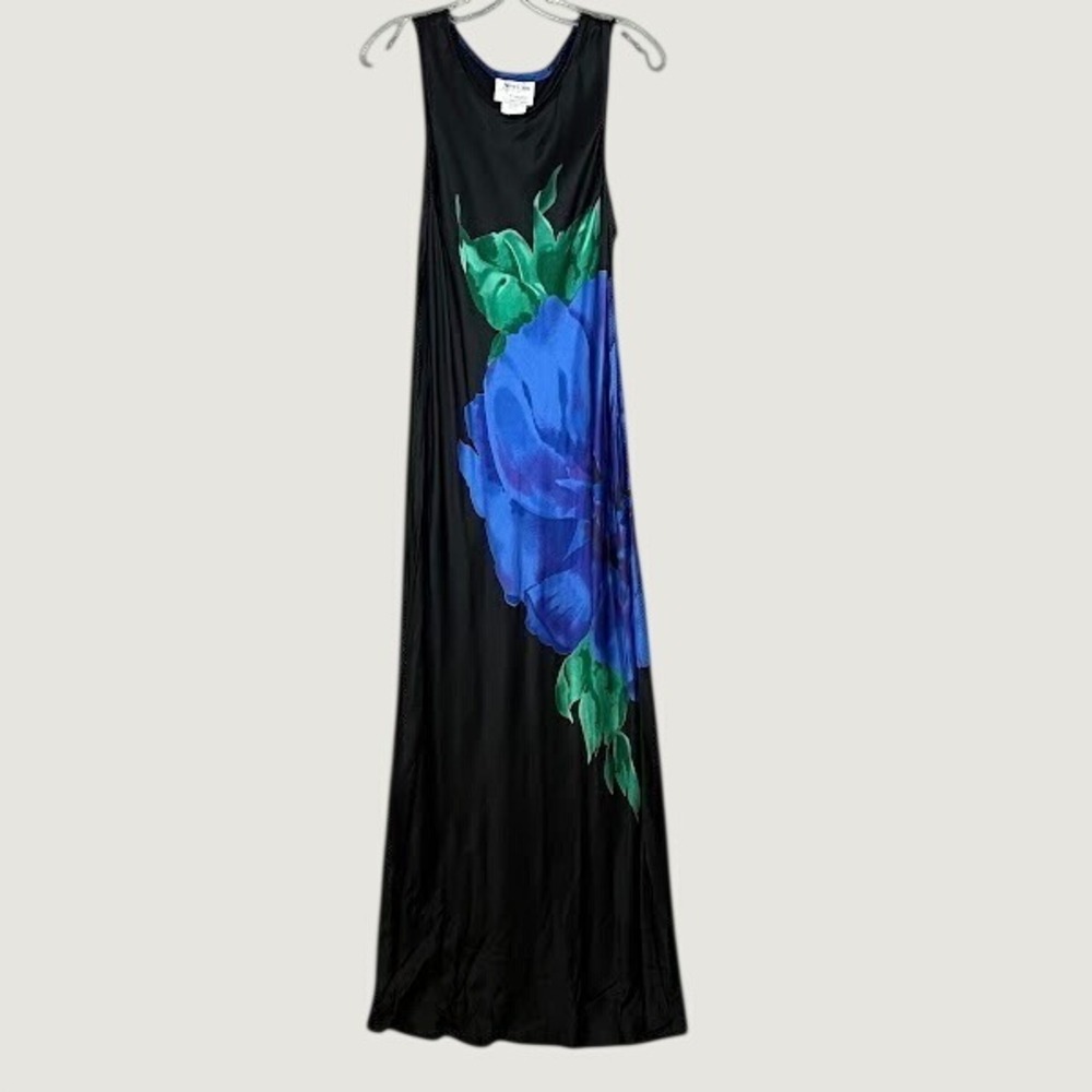 Vintage Jeffrey & Dara Sleeveless Black Tie Dress Womens L Floral Wedding Guest